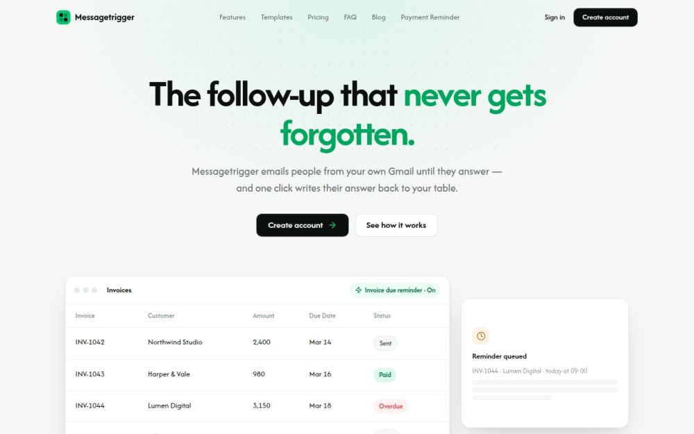 Screenshot of the homepage of messagetrigger.com