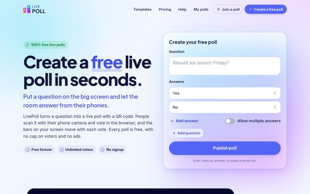 Screenshot of the homepage of freelivepoll.com