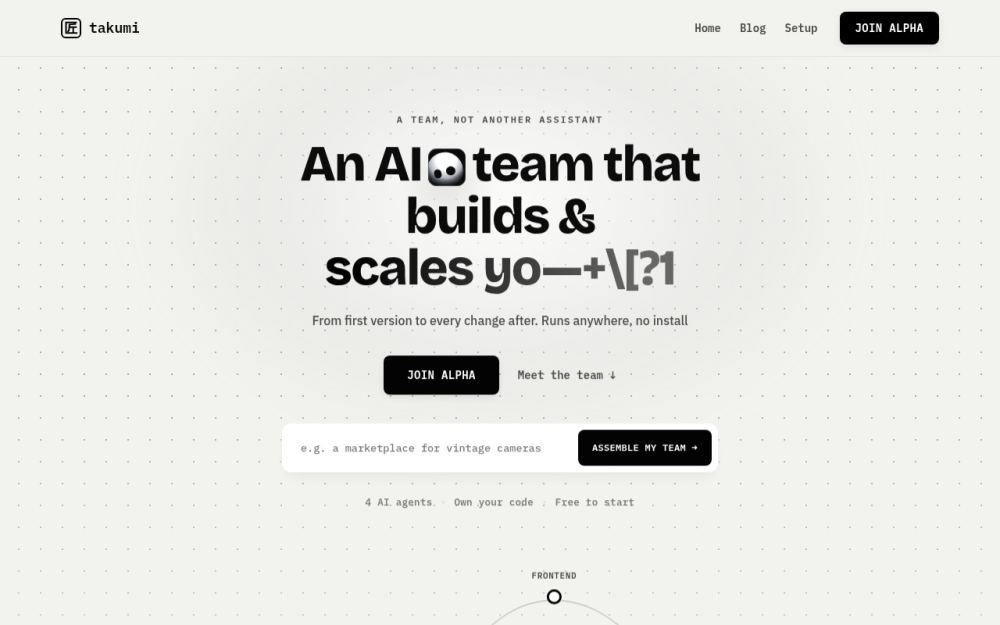 Screenshot of the homepage of takumi.run