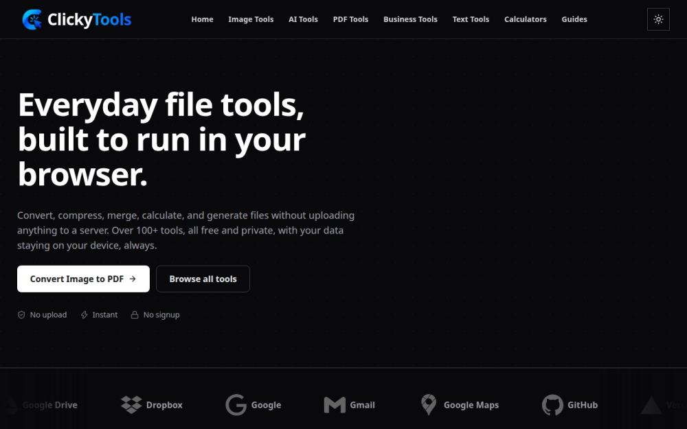 Screenshot of the homepage of clickytools.org