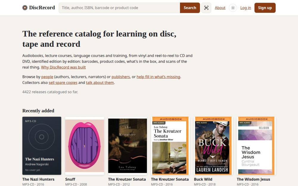 Screenshot of the homepage of discrecord.org