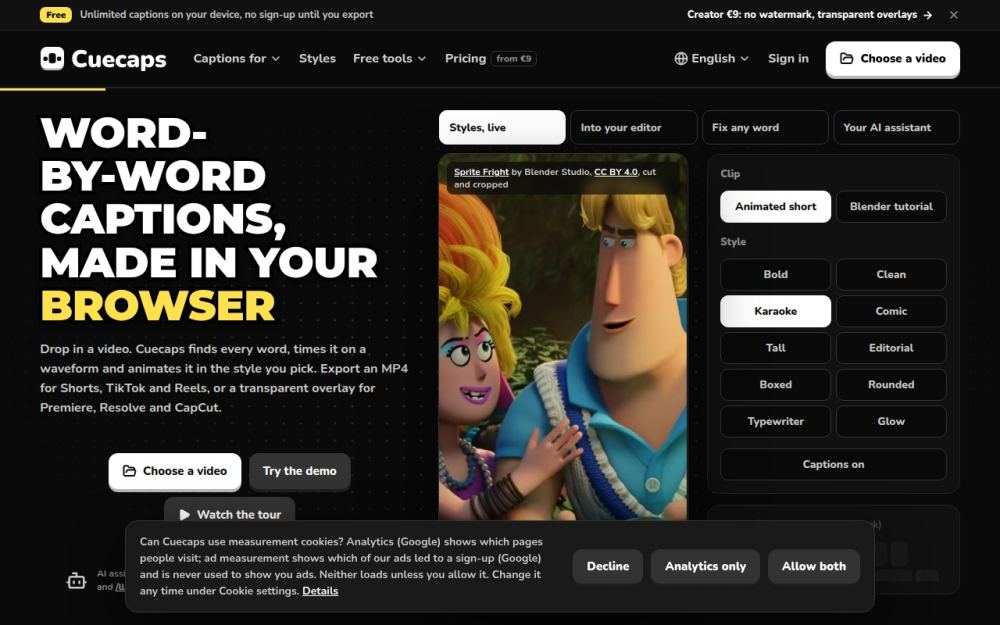 Screenshot of the homepage of cuecaps.com