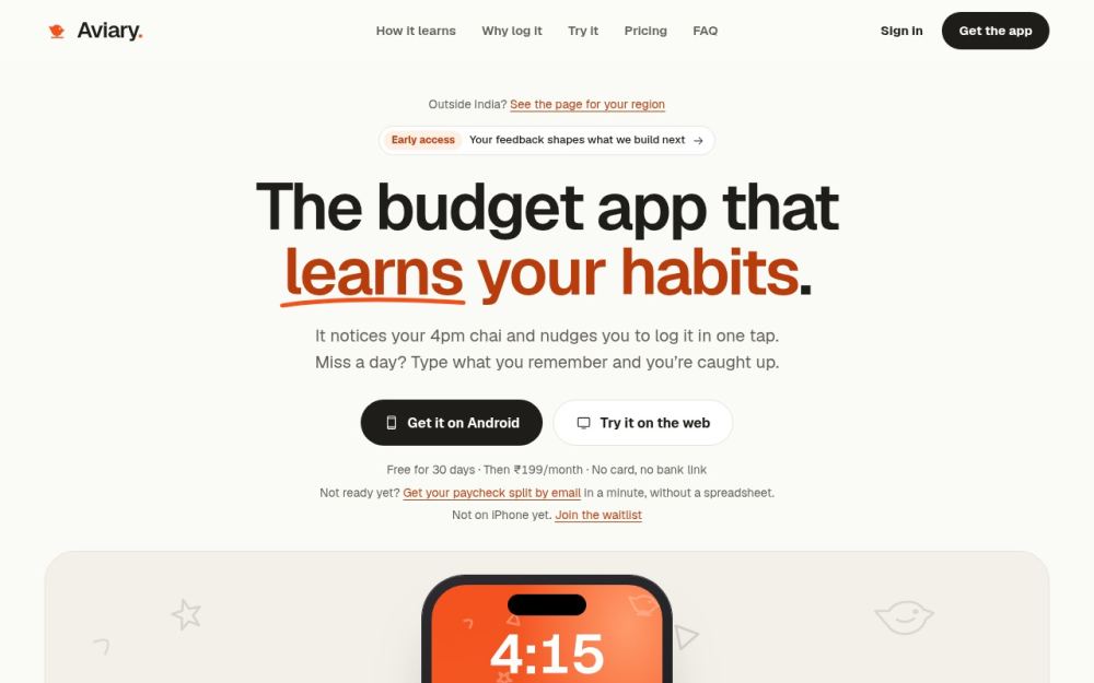 Screenshot of the homepage of useaviary.com