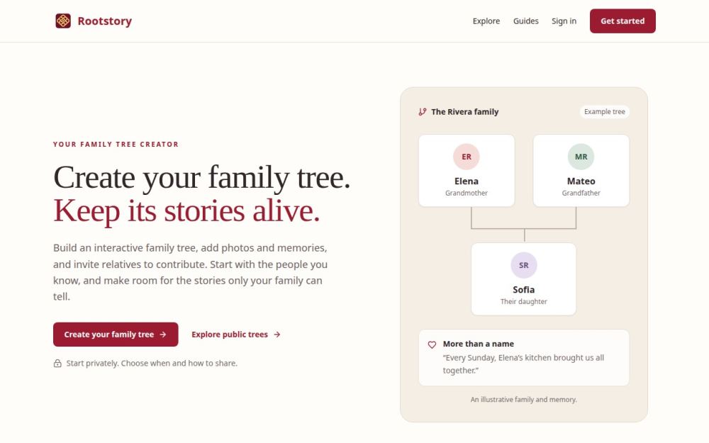 Screenshot of the homepage of rootstory.app