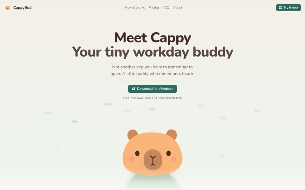 Screenshot of the homepage of cappybud.app