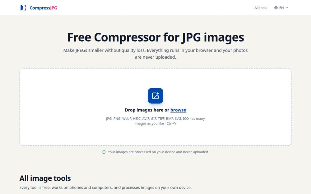 Screenshot of the homepage of compressjpg.net