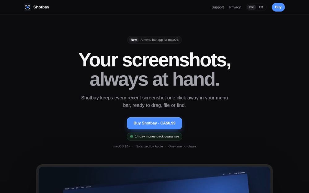 Screenshot of the homepage of shotbay.app