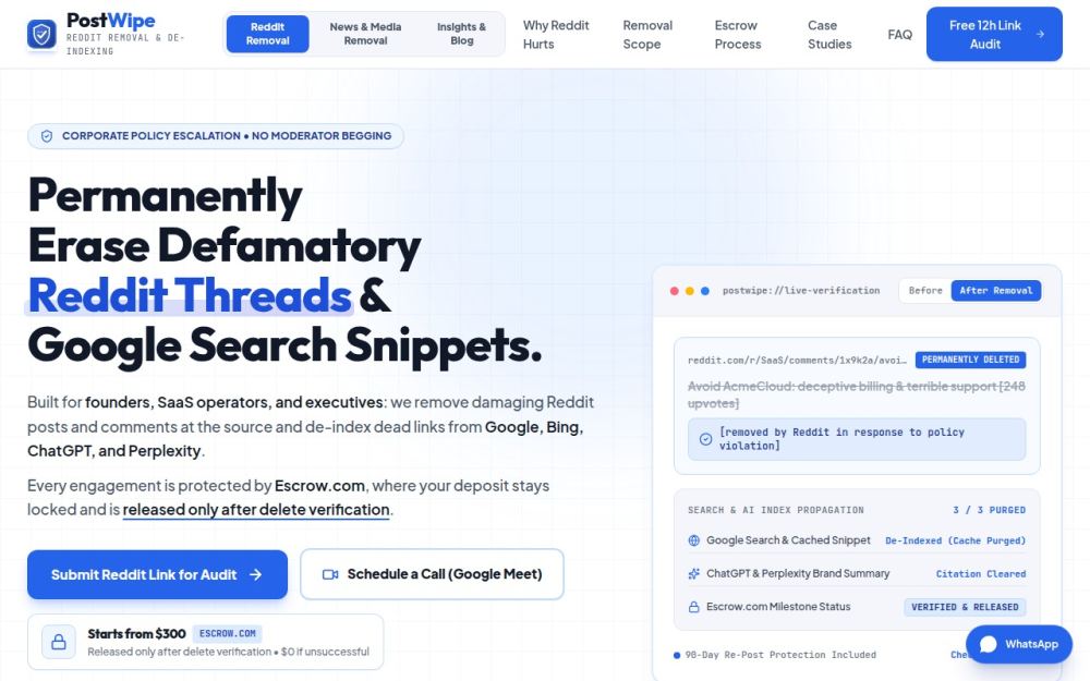 Screenshot of the homepage of postwipe.com