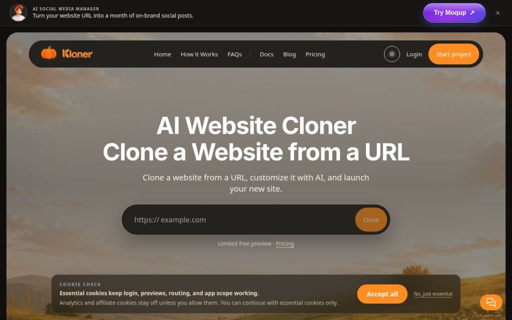 Screenshot of the homepage of kloner.app