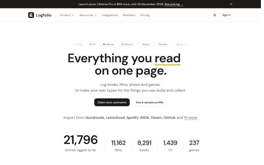 Screenshot of the homepage of logfolio.co