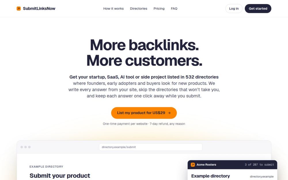 Screenshot of the homepage of submitlinksnow.com