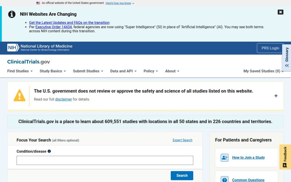 Screenshot of the homepage of clinicaltrials.gov
