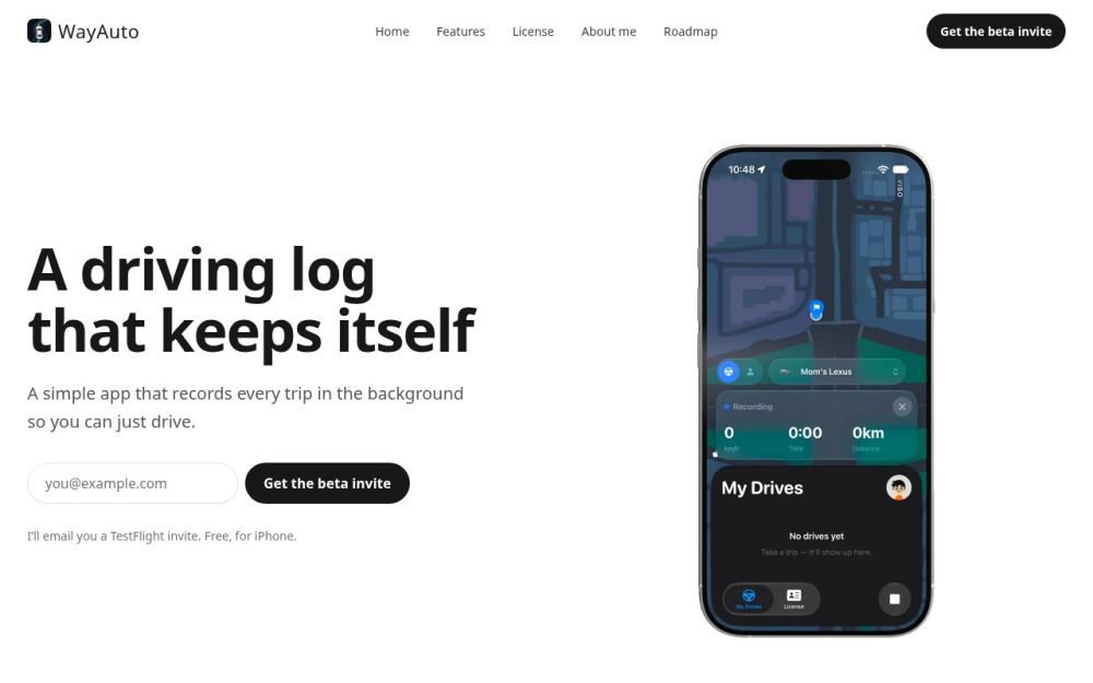 Screenshot of the homepage of wayauto.app