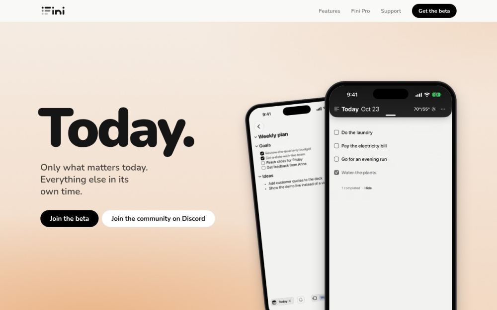 Screenshot of the homepage of fini.day