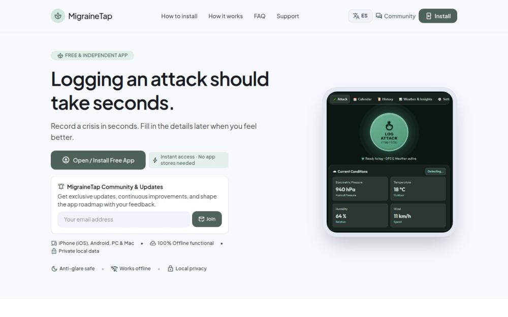 Screenshot of the homepage of migrainetap.eu