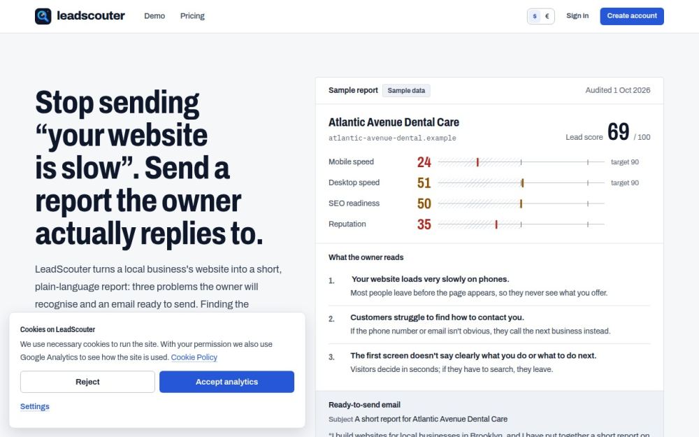 Screenshot of the homepage of leadscouter.app