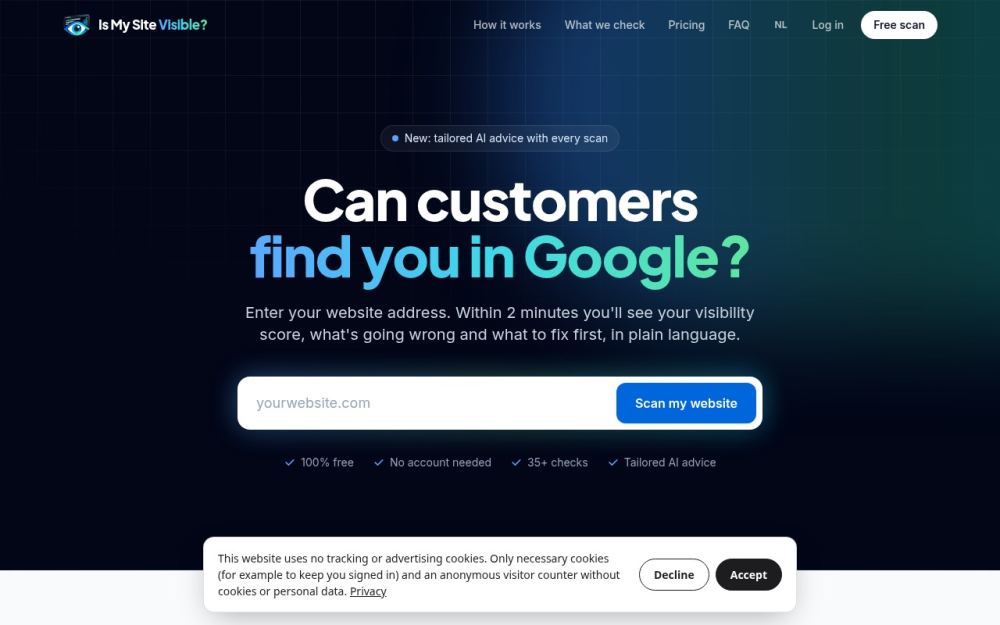 Screenshot of the homepage of ismysitevisible.com