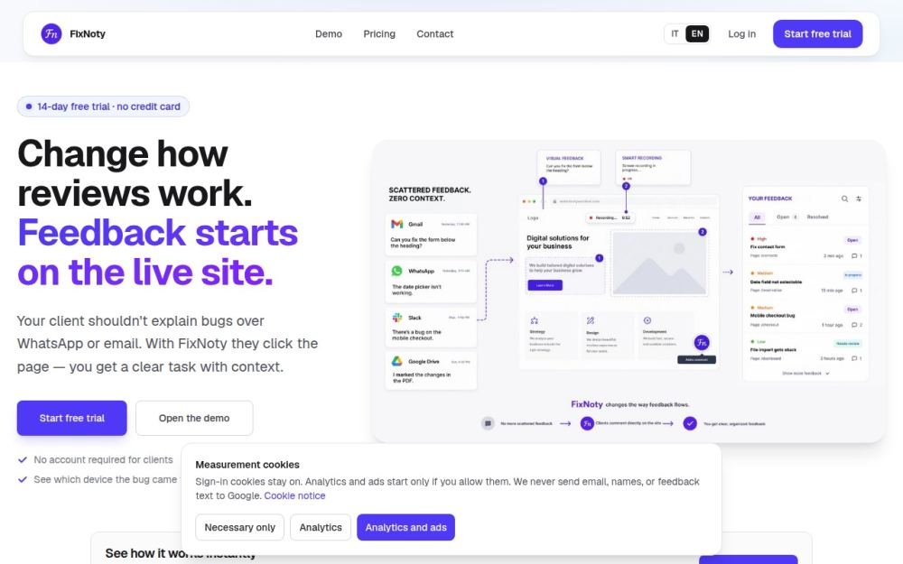 Screenshot of the homepage of fixnoty.com