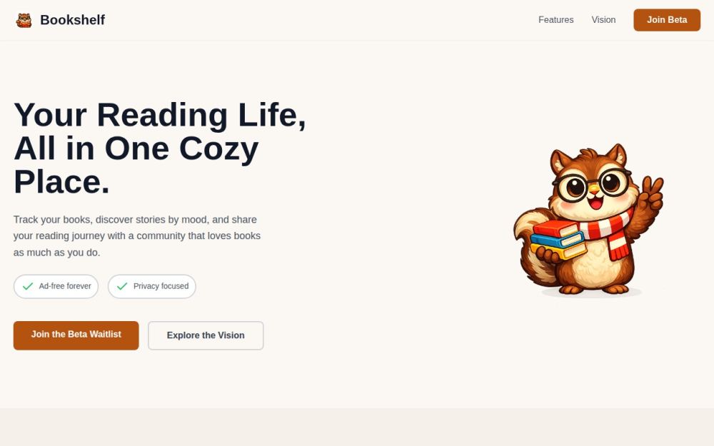 Screenshot of the homepage of bookshelfapp.net