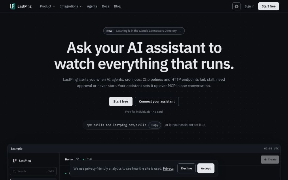 Screenshot of the homepage of lastping.dev