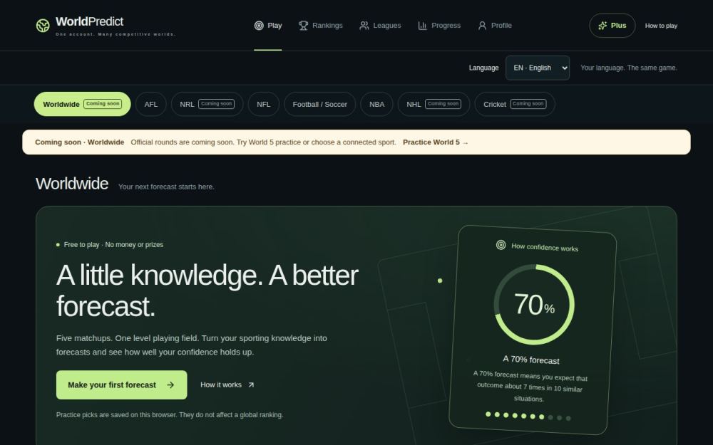 Screenshot of the homepage of worldpredict.app