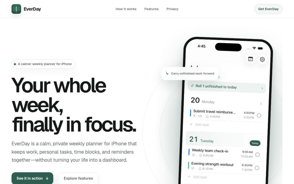 Screenshot of the homepage of everday.app
