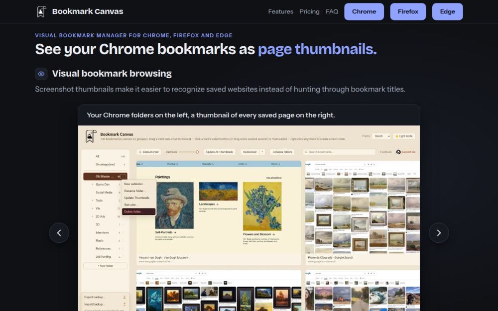 Screenshot of the homepage of visualbookmarkcanvas.com