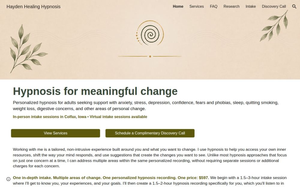 Screenshot of the homepage of haydenhealinghypnosis.com