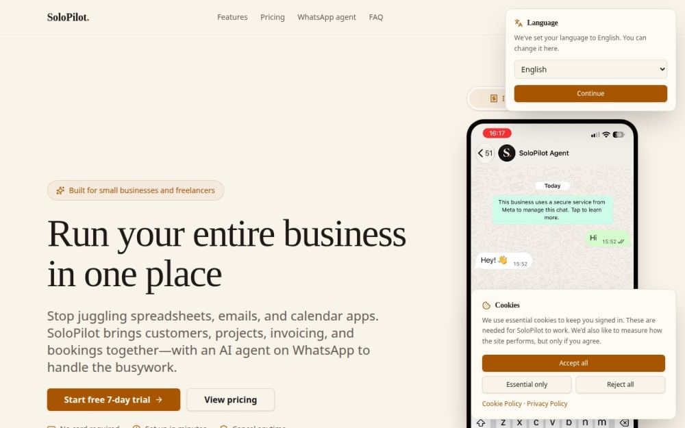 Screenshot of the homepage of solopilot.co.uk
