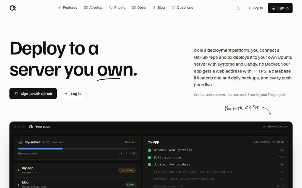 Screenshot of the homepage of deploywithox.com