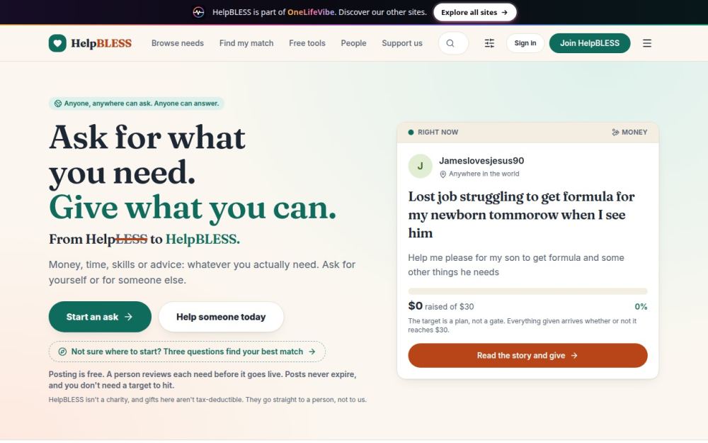 Screenshot of the homepage of helpbless.com