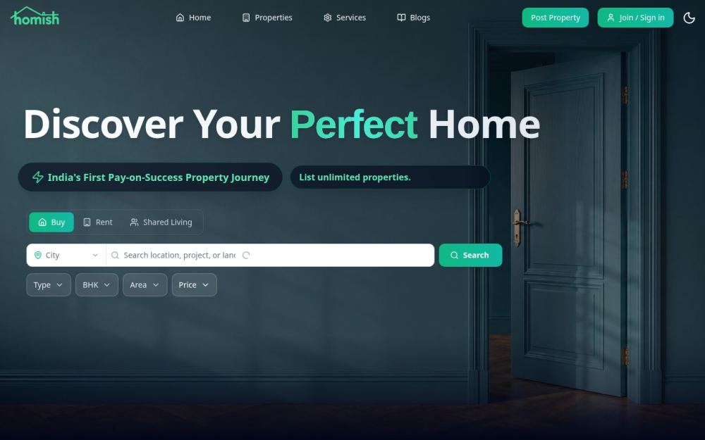 Screenshot of the homepage of homish.in
