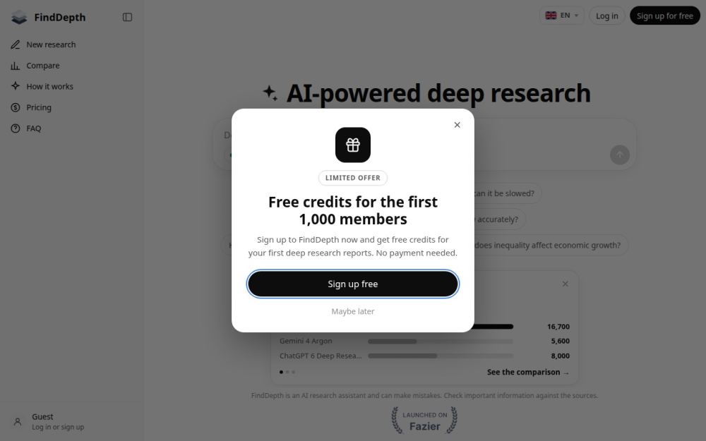 Screenshot of the homepage of finddepth.com