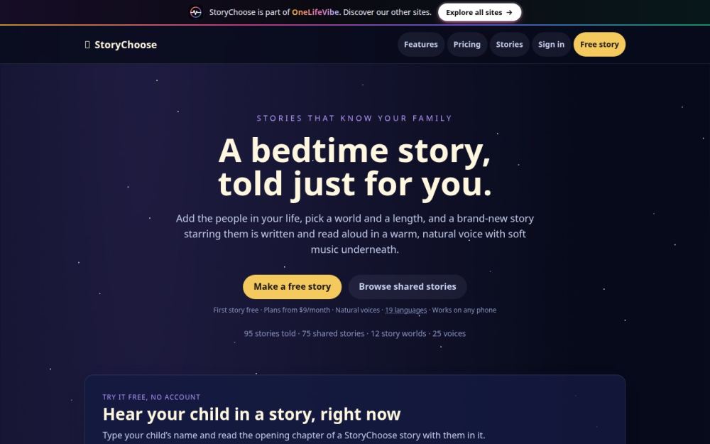 Screenshot of the homepage of storychoose.com