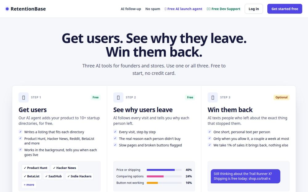 Screenshot of the homepage of retentionbase.com