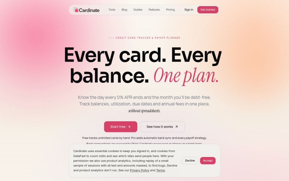 Screenshot of the homepage of cardinate.app