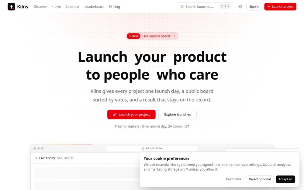 Screenshot of the homepage of kilns.tech