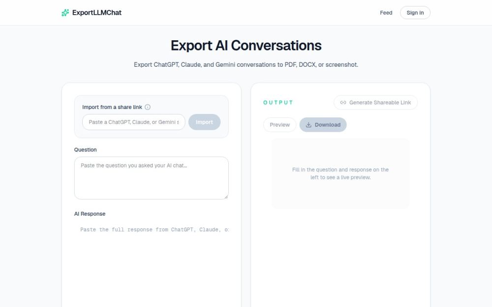 Screenshot of the homepage of exportllmchat.com