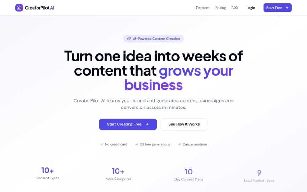 Screenshot of the homepage of creatorpilotai.app