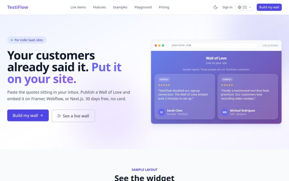 Screenshot of the homepage of testiflow.site