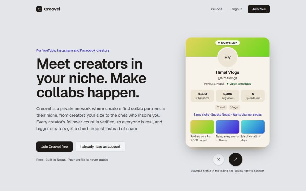 Screenshot of the homepage of creovel.com