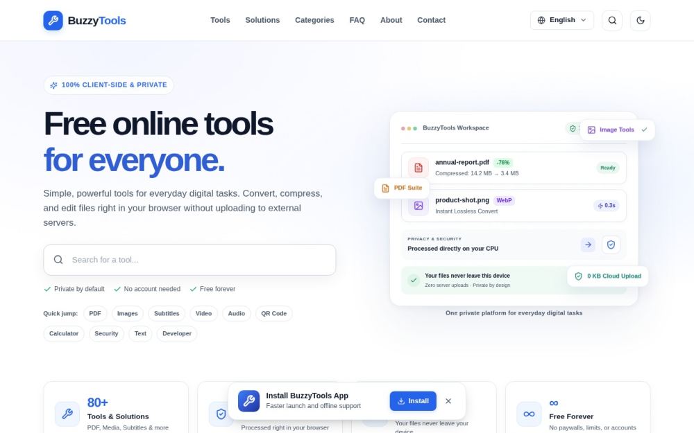 Screenshot of the homepage of buzzytools.com