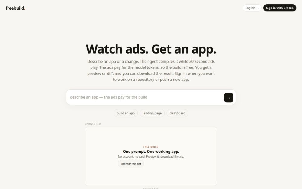 Screenshot of the homepage of freebuild.dev