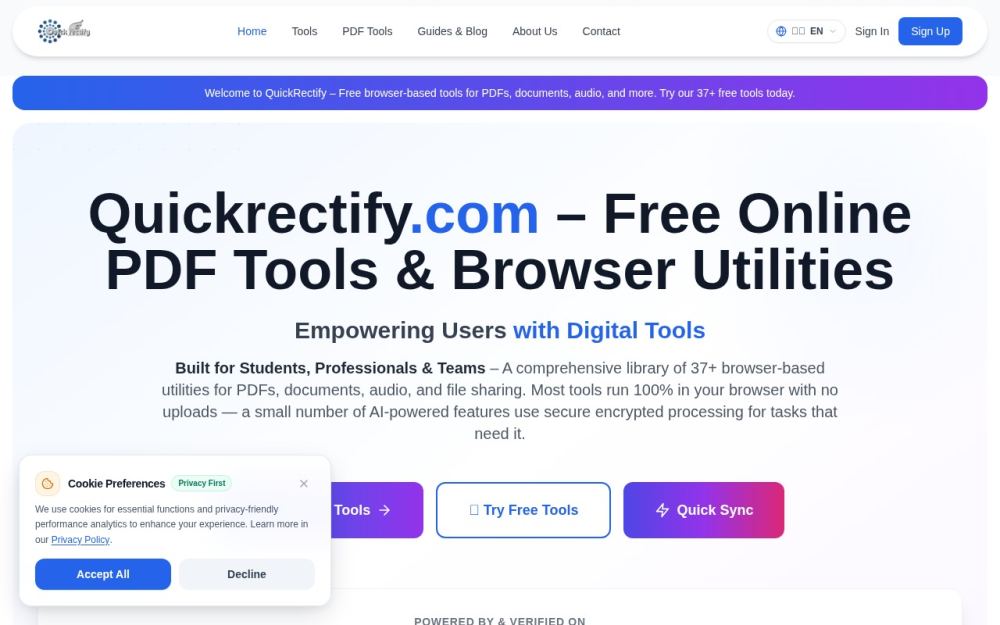 Screenshot of the homepage of quickrectify.com