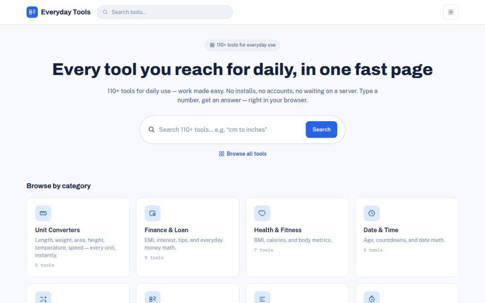 Screenshot of the homepage of everydaytoolz.com