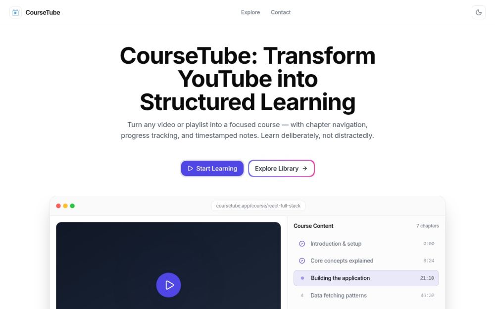 Screenshot of the homepage of coursetube.online