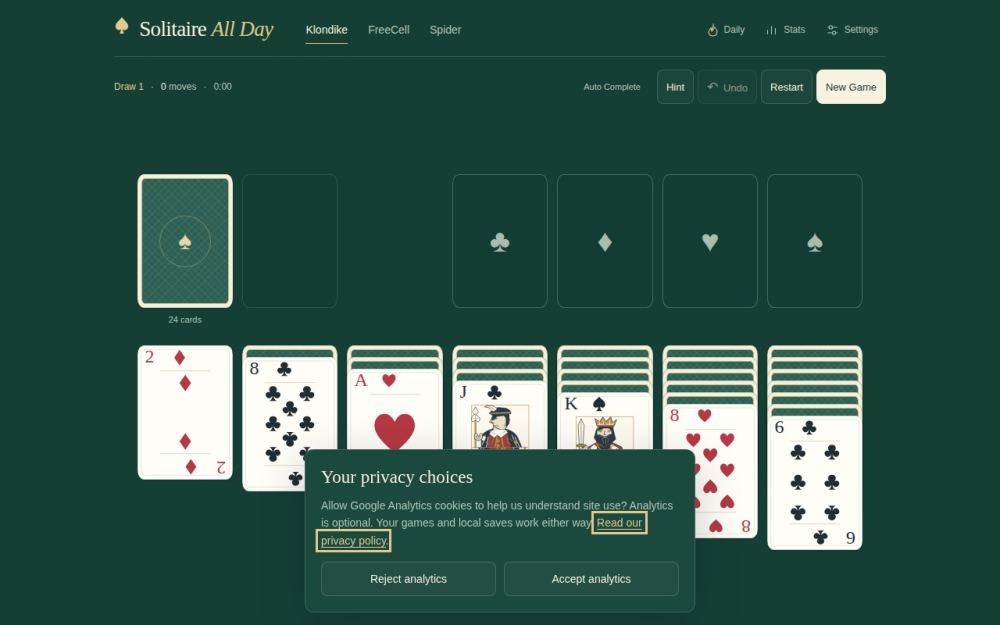 Screenshot of the homepage of solitaireallday.com