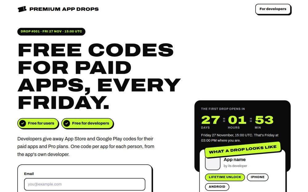 Screenshot of the homepage of premiumappdrops.com