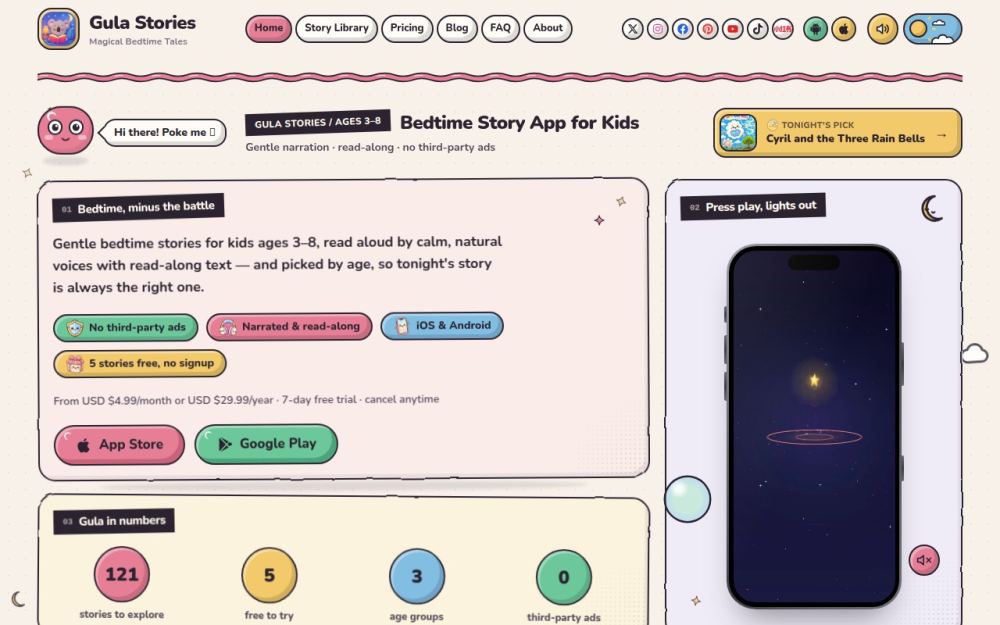 Screenshot of the homepage of gulastories.com
