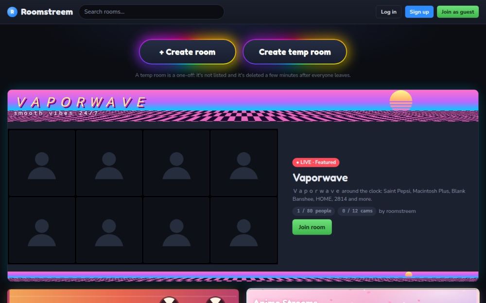 Screenshot of the homepage of roomstreem.com